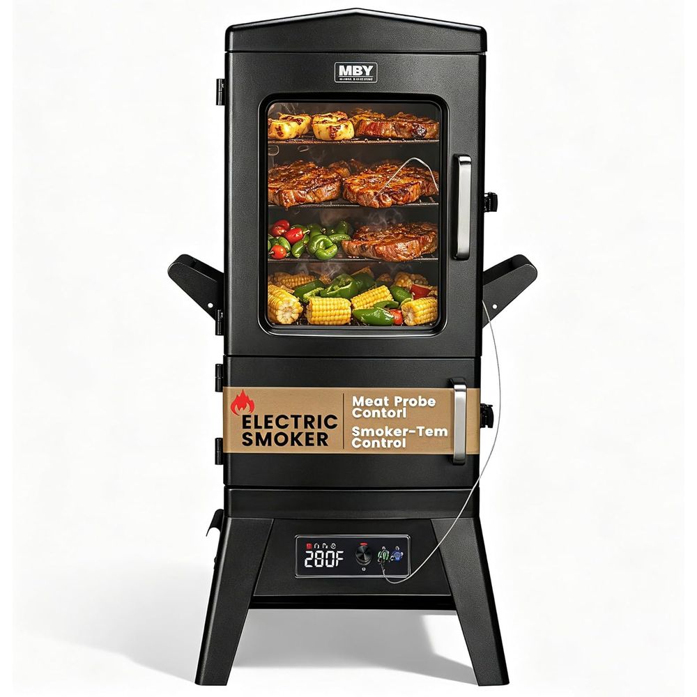 Electric Smoker Bbq - เตาย่างบาร์บีคิวไฟฟ้าขนาดใหญ่พร้อมฝาปิด, หน้าจอ LED, หัววัดอุณหภูมิเนื้อในตัว, ชั้นวาง 4
