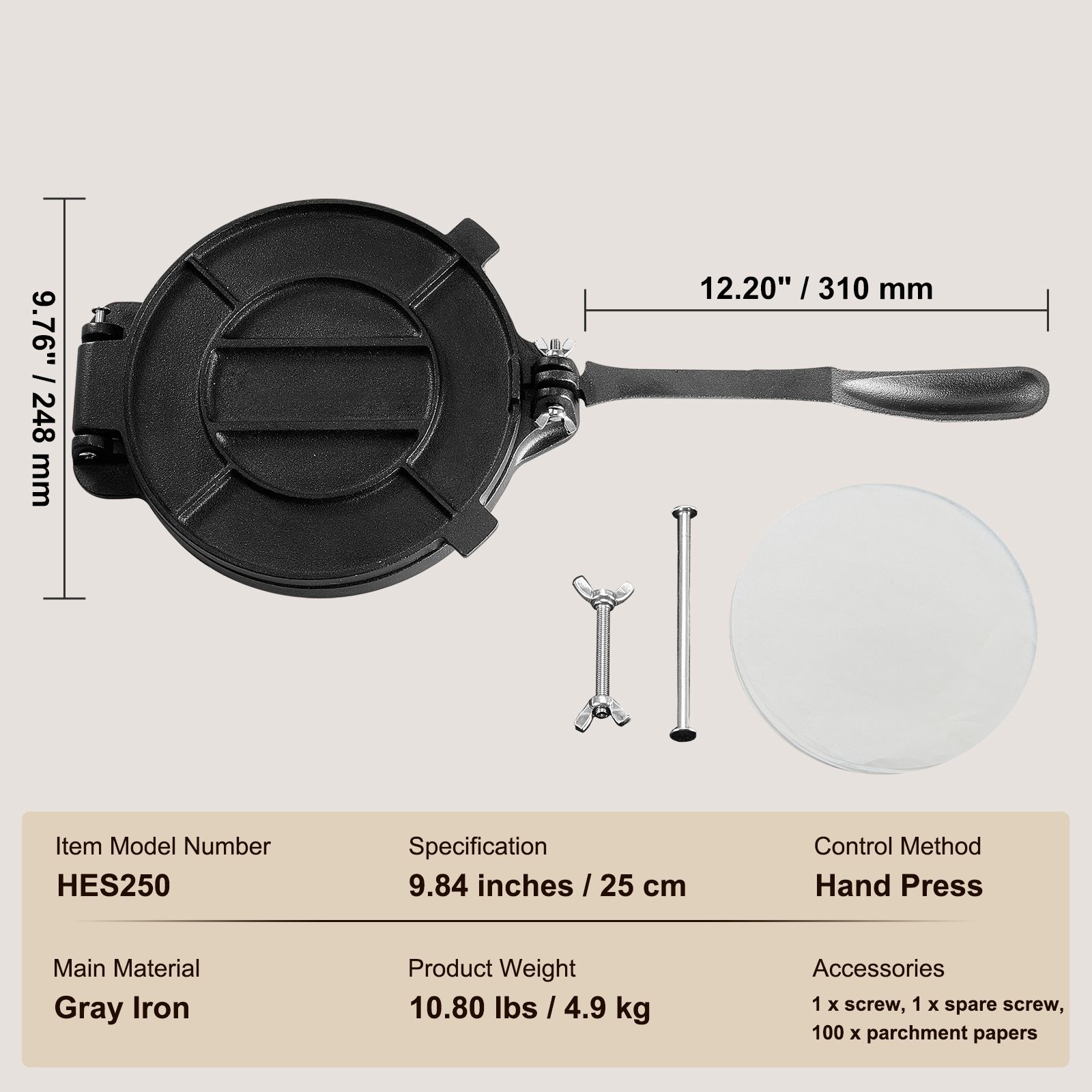Tortilla Press Cast - เครื่องทำตอร์ติญ่า ขนาด 8 นิ้ว, เครื่องทำโรตี, เครื่องกดตอร์ติญ่าเหล็กหล่อแบบหนา,
